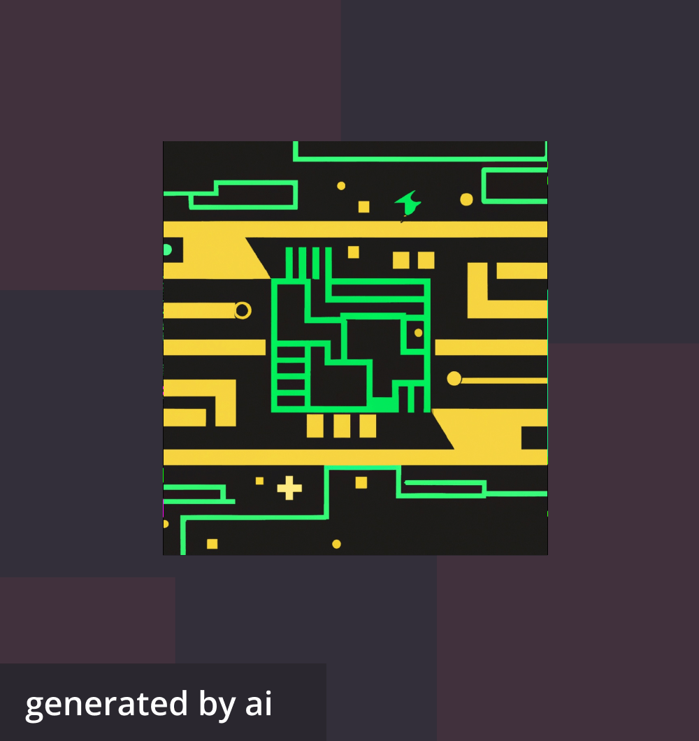 An AI-generated image with green and yellow lines and shapes depicting a circuit board, over a black background