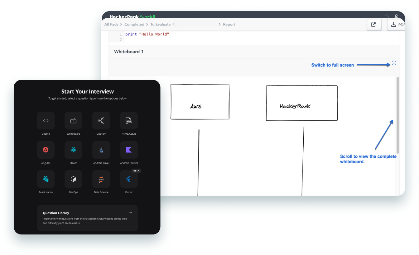 Screenshot of HackerRank whiteboarding tools